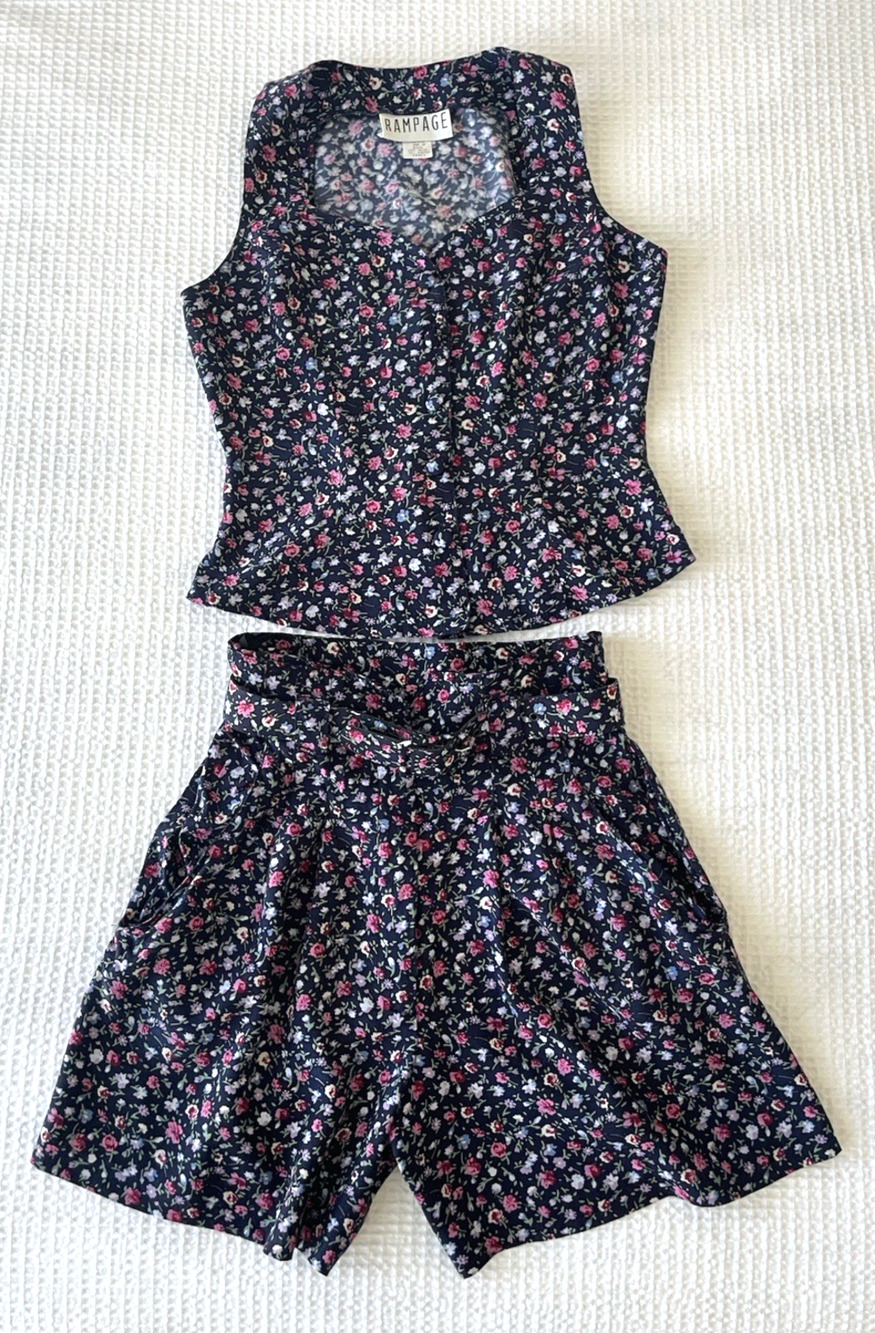 Vintage Rampage Size Small 3 Top Shorts Set Outfit Belt High Rise Floral Vest